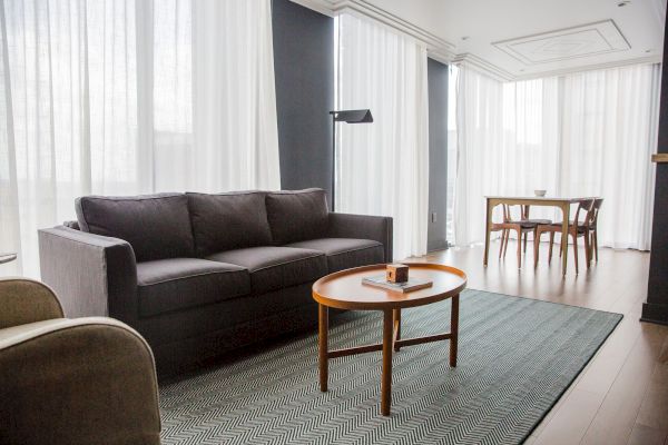 A modern living room with a gray sofa, wooden coffee table, round rug, and dining table with chairs, lit by natural light through curtains.