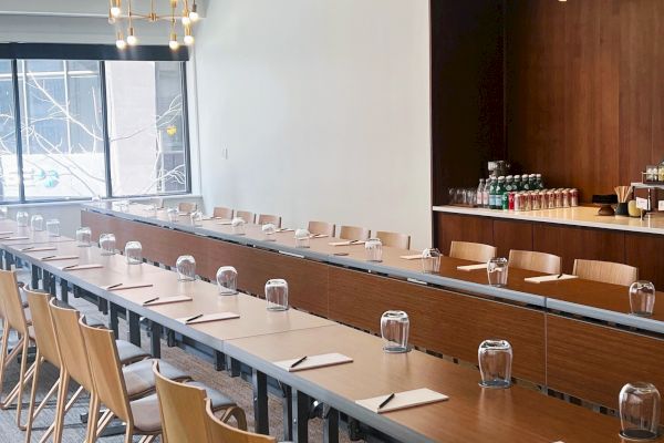 A modern conference room with a long table, chairs, notepads, and glasses, plus a refreshment station in the back, illuminated by natural light.