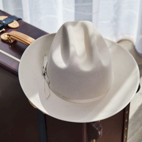 A beige fedora hat resting on a dark leather suitcase with brass accents, placed near sheer curtains and a wooden floor.