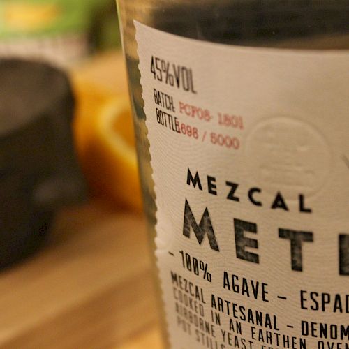 Close-up of a bottle labeled 